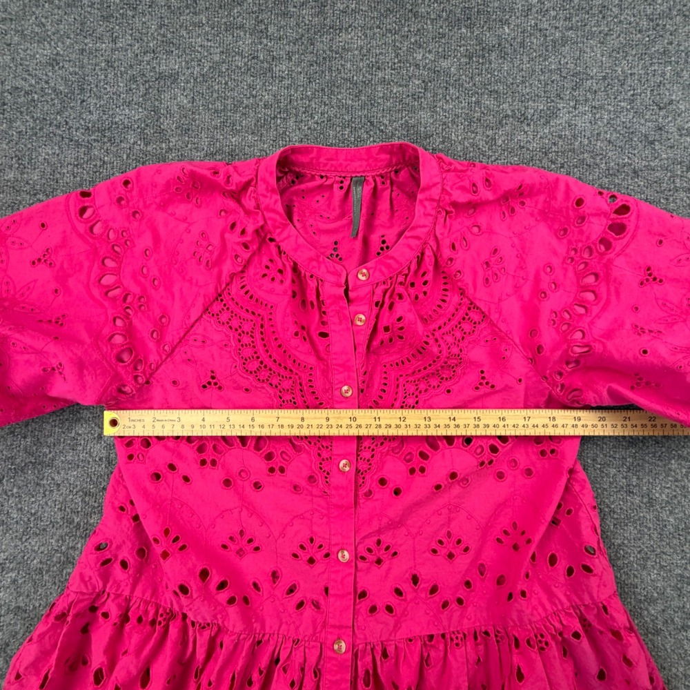 Anthropologie Hot Pink Eyelet Mini Dress Short Puff Sleeve Cotton Tiered Size L - Picture 4 of 13